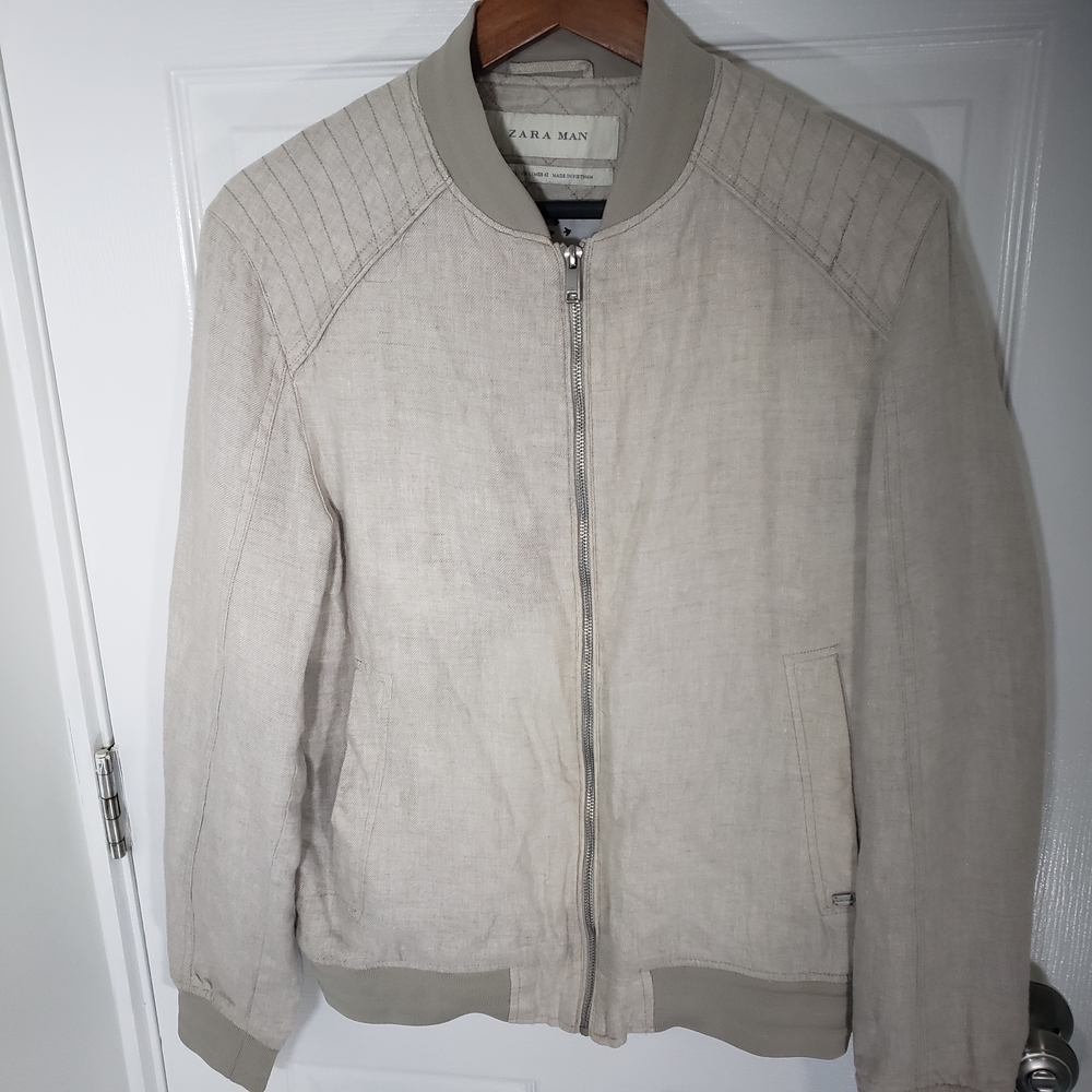 ZARA MAN Premium Linen Blend Bomber Jacket - Beige/Tan, Size L
